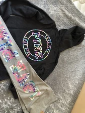 Victoria's Secret Pink Ombre Tie Dye Rainbow FZ Hoodie + Leggings Set Gray S ❤️