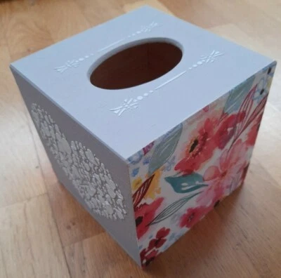 Flowers Tissue Square Box Cover Holder wooden handmade decoupaged - Image 1 of 4