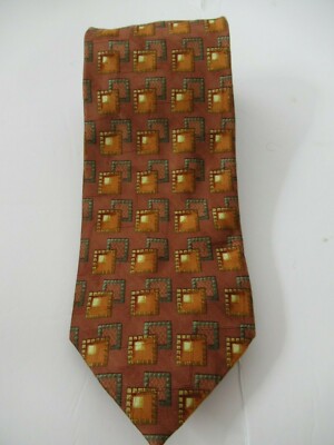 Ermenegildo Zegna Mens Tie 100% Silk Beige Brown Square Geometric 58'' X 3.5''