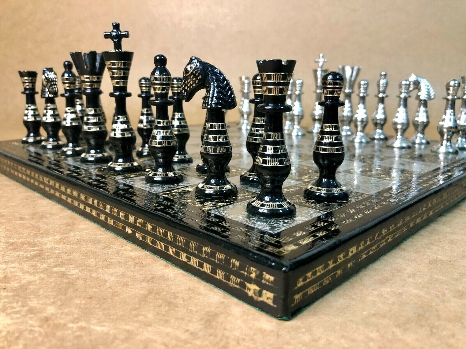 CHESS SET BLACK GLASS BOARD WITH WOODEN STORAGE BOX 14x14 FOR Metal CHESS