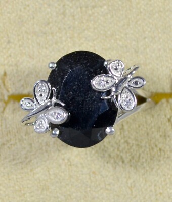 AUSTRALIAN BLACK TOURMALINE-WHITE ZIRCON-BUTTERFLY PRONGS RING-SZ 6-PLAT/S SILV