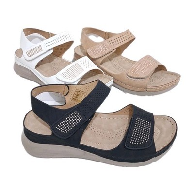 Damen-Sandalen breite Passform gepolstert Frauen niedriger Keilabsatz bequemer Touch-Verschluss Schuhgröße