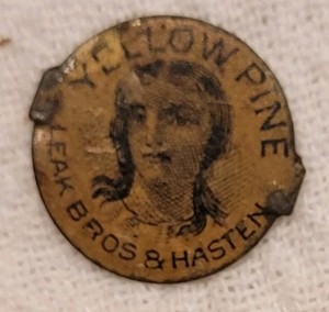 ANTIQUE YELLOW PINE LEAK BROS & HASTEN TOBACCO TAG w AWESOME INDIAN GRAPHICS