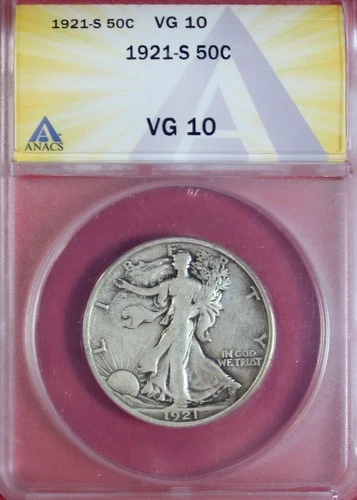1921-S WALKING LIBERTY HALF DOLLAR ANACS VG10