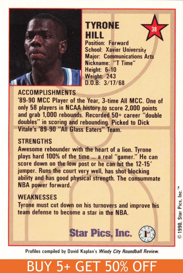 1990 Star Pics #38 Tyrone Hill Xavier Musketeers Basketball - Image 2 of 2