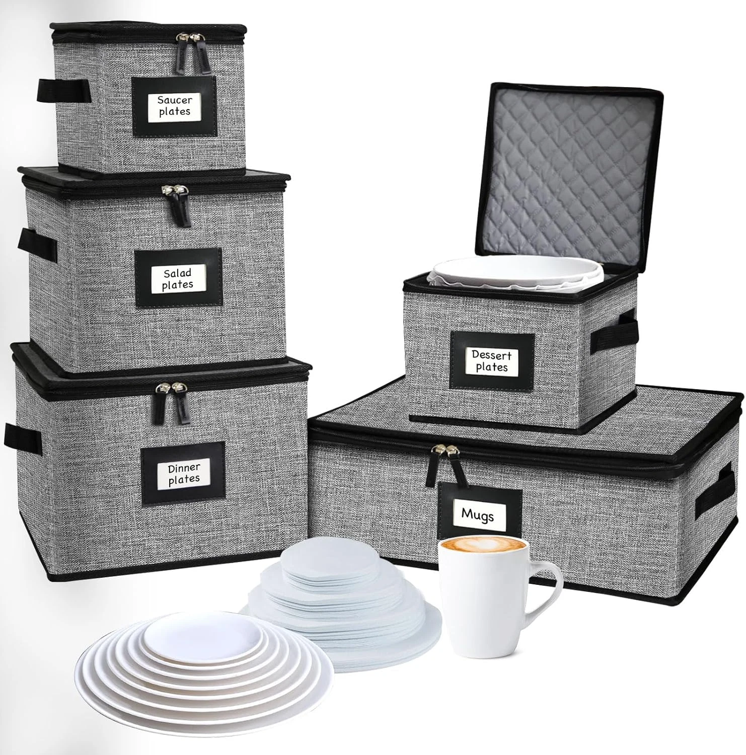 5-Pack Quilted Dish Storage Boxes for 48 Plates & 12 Cups - Grey