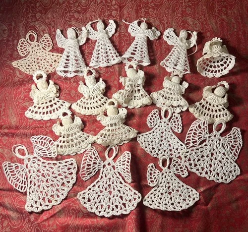 VTG Crochet Starched Angel Christmas Tree Ornament Set of 18 Shabby Chic