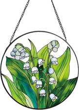Suncatcher Stained Glass Window Hanging - Flowers Glass Panel with Metal Chain a
