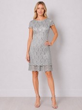 Alex Evenings Mother of the Bride Dress Silver Sequin Lace Sheath Size 14