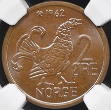 1962 Norway 2 Ore, Moor Hen, MS65 NGC - Norwegian Coin, Olav V