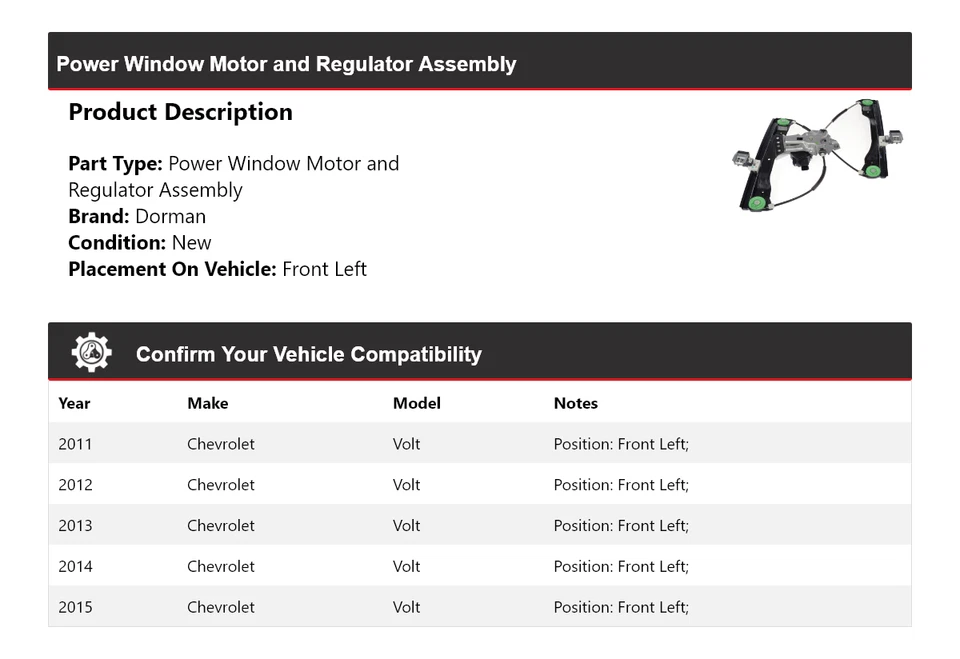 Conjunto de motor/regulador de ventana eléctrica para Chevrolet Volt Dorman 2011-2015 2012 Foto 2 de 4