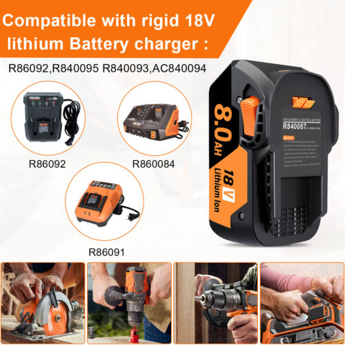 1/4PC For Ridgid R840085 8.0Ah Lithium Battery Rigid 18Volt R840087 6.0Ah Tool - Picture 9 of 30
