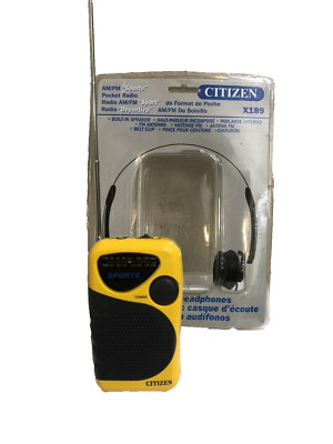 Vintage 80 s Citizen X189 AM/FM Portable Radio Yellow Headphones packaging