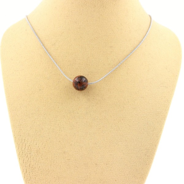 Steine Und MinéRaux. Halskette 1 Perle Obsidian Mahogany 8 Mm. Kette Aus Stahl-image