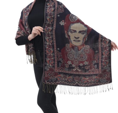 Quality Mexican Pashmina Shawl Scarf Wrap Frida Kahlo Black/Blue