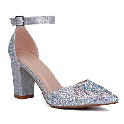 SILVER GLITTER Size Ankle Strap Heel Modern Dressy Party Pointy Women  Shoes