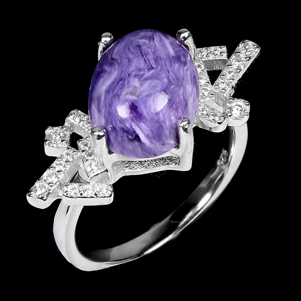 925 Anello Argento Sterling Ovale Charoite 11x9mm Naturale Gemma Gioielli Size 6 - Immagine 2 di 4