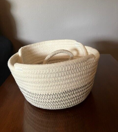 New Hanging Rope Basket White w/ Zig-Zag pattern and 2 Strap Handles -Cotton