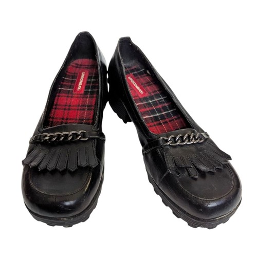 Vintage 1990s Y2K Unionbay Black Fringed Vegan Leather Chunky Loafers Shoes 9.5