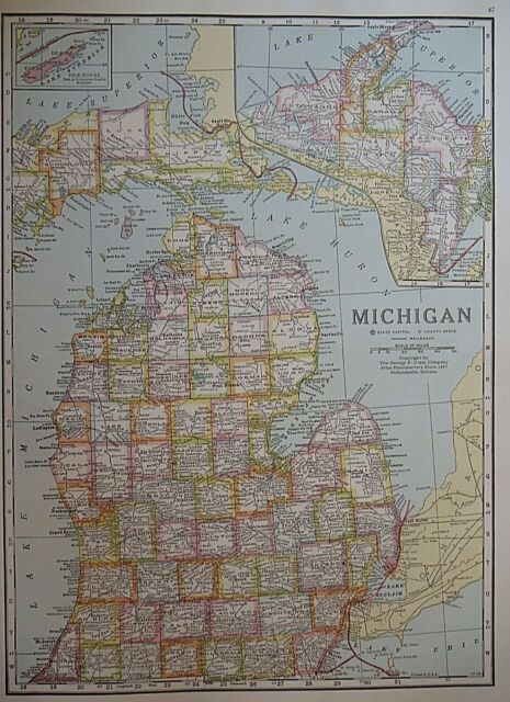 Mappa Atlante vintage 1950 ~ MACHIGAN - DETROIT ~ Vecchia e autentica ~ S&H gratuita