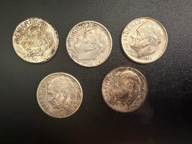 Lot of 5 90% Silver Roosevelt Dimes 10C Circulated
