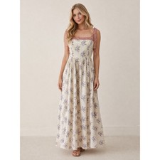 BILA Maxi Dress Square Neck Cotton Pastel Floral Pockets Large Boho Cottage