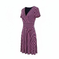 RALPH LAUREN Women Dress US4 S Navy Purple Stretch Short Sleeved V-Neck Striped