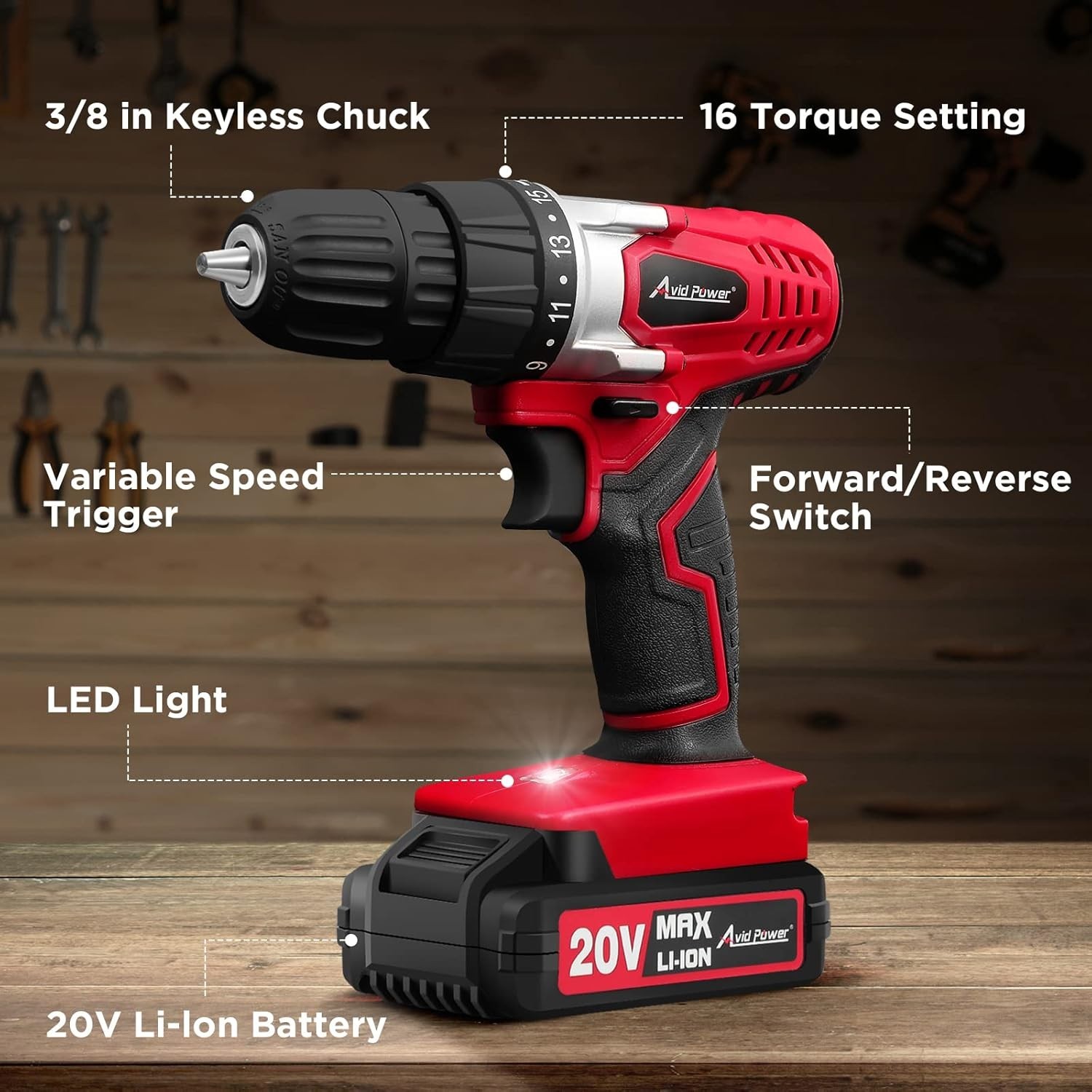 Variable Speed 20V MAX Cordless Drill with 15+1 Clutch & Battery, Ready-to-Use