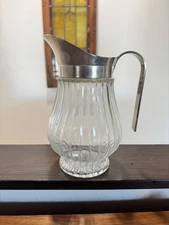 Vintage Italian Silverplated Pitcher Ribbed Glass Mid Century Decorative 9 Inch