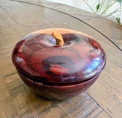 Small Vintage Handmade Wooden Apple Trinket Box  with Lide - read description