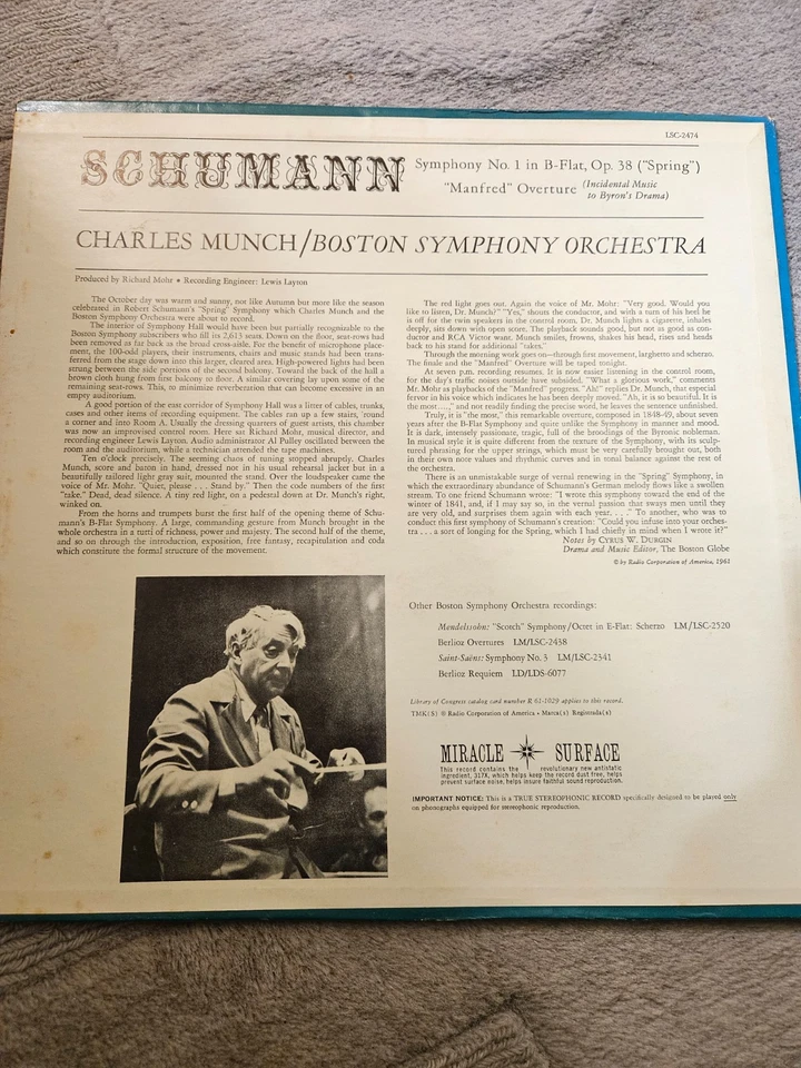 Schumann - Munch / Boston Symphony - Spring Symphony And Manfred Overture VG - Image 2 of 4