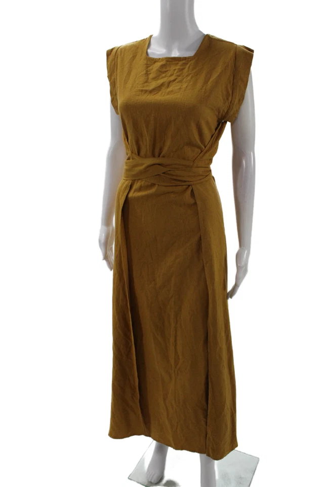 Doen Women Maxi Wrap Silk Dress Brown Square Neck Button Size M - Image 2 of 4