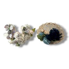 2 Quality VTG Baby Doll Lace Covered Hat w/ feather Silk Floral Headband