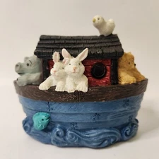 Blue Noah's Ark Boat On Water Figurine by Young Heavy Resin 4"H x 5"W