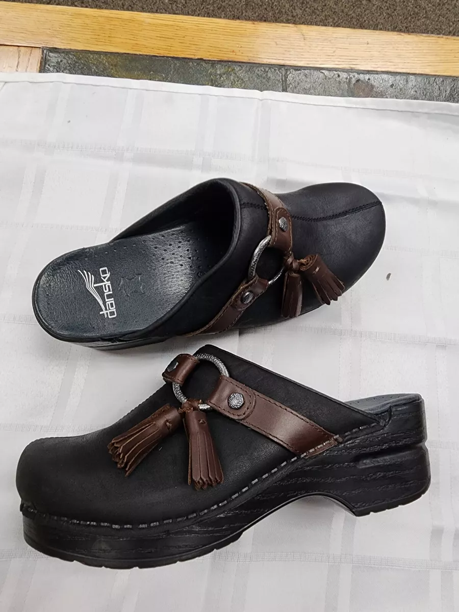 Dansko black leather clogs size 36 shoes brown tassel US 5.5 or 6