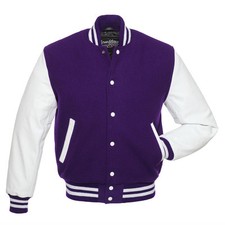 Giacca Stewart & Strauss viola lana e pelle bianca Varsity Letterman NUOVA