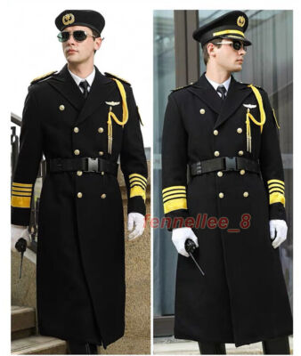 Black Woollen Long Coat Winter Thick Aviation Clothes Noble