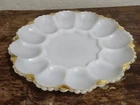 VTG Anchor Hocking Fire King Deviled Egg Plate 10” Milk Glass Gold Trim