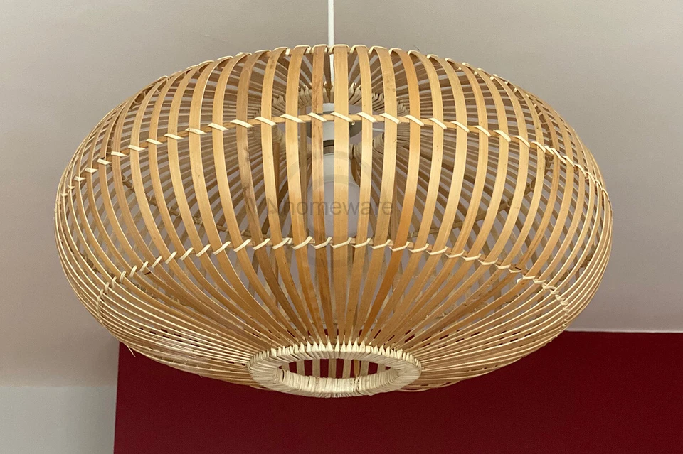 Pantalla de techo colgante de bambú hecha a mano, forma elipsoide, marrón natural, L014L Foto 3 de 4