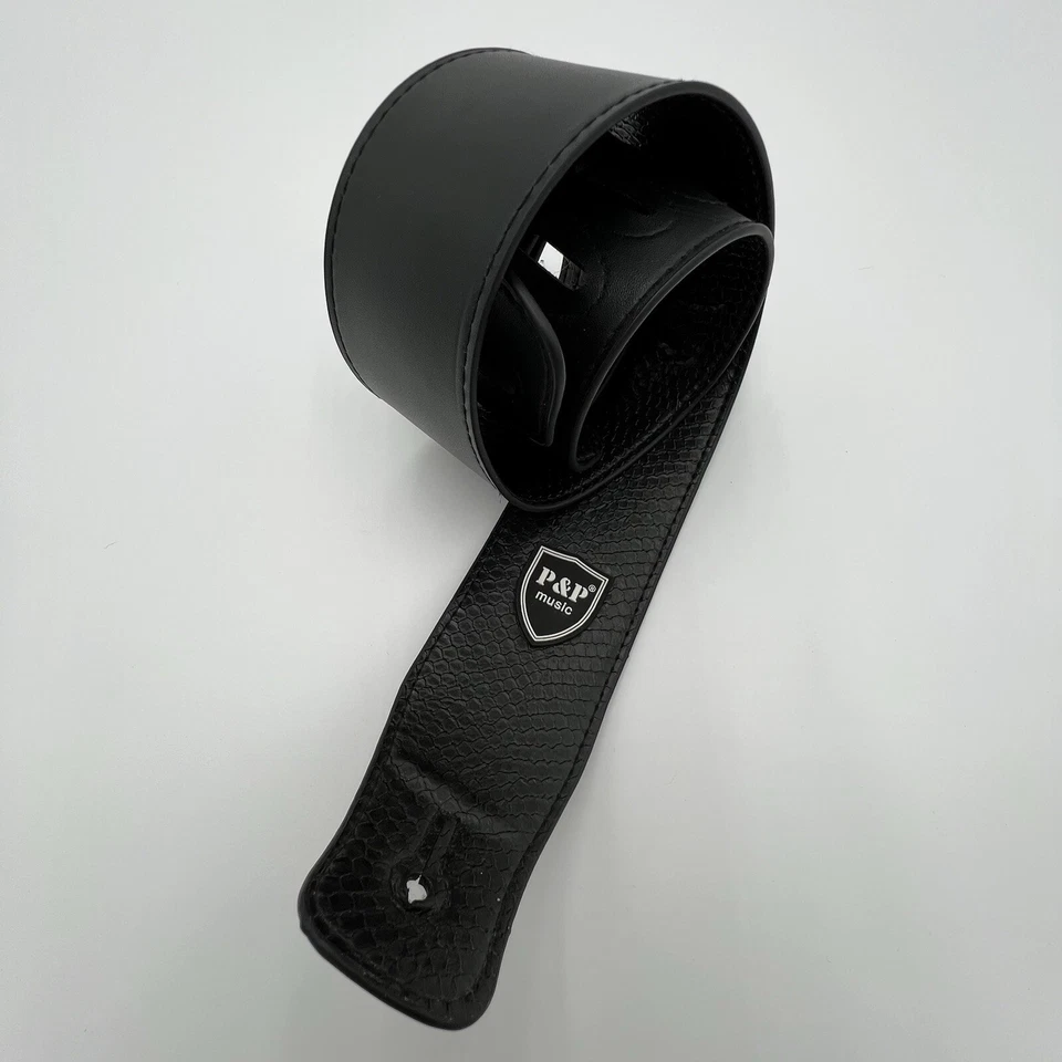 Correa de Guitarra de Cuero Vegano P&P Patrón de Piel de Serpiente Negra Cinturón Ajustable 58 pulgadas Foto 2 de 4