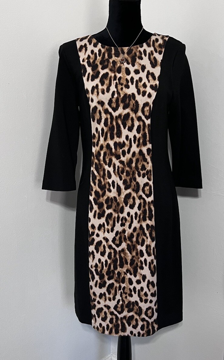 Chicos Dress So Slimming Black Sz 0.5 5/6 Mob Wife Leopard Print Built In Shaper
