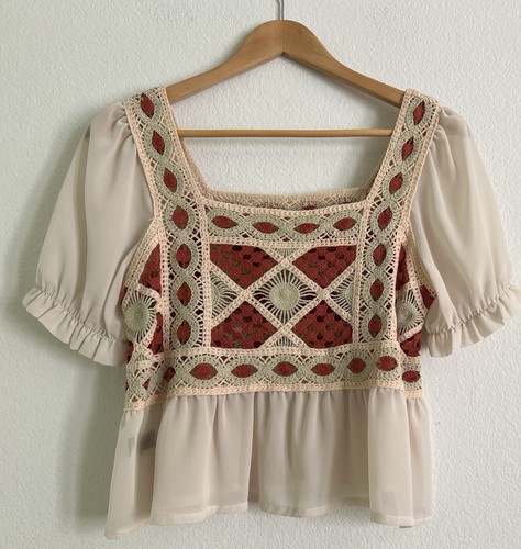 Shein Damen Einheitsgröße Häkel Crop Schößchen Top Puffärmel 2 in 1 Bluse quadratischer Ausschnitt