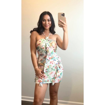 Rococo Sand Susan Halter Mini Dress in White Large Floral Ruffle Lined Stretch