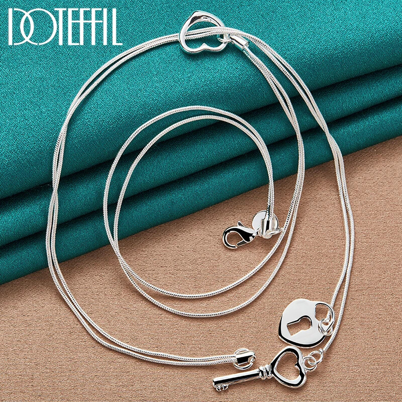 DOTEFFIL 925 Sterling Silver Key Heart Double Snake Chain Necklace