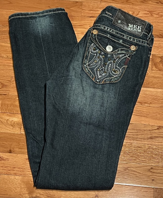 MEK Denim Womens Blue Jeans Brighton Easy Bootcut Studded Pockets 26 W 34 L