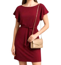 CALVIN KLEIN Maroon Red Dress SHIFT w/TIE BELT Flutter Sleeve Work/Cocktail SZ 2