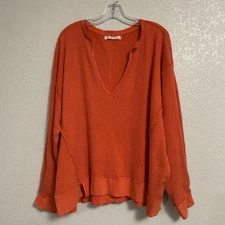 We The Free People Tee Top Womens L Boho Oversized Slouchy Waffle Thermal Vneck