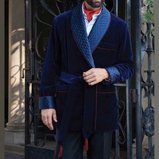 Men's Quilted Smoking Jacket Blue Velvet Dinner Party Host Wear Blazer