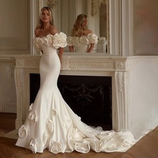 Simple Mermaid White Wedding Dress Sweetheart 3D Flower Satin Bridal Gowns Hot