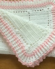     Crochet baby blanket. Handmade. White and pink. 100 to charity.